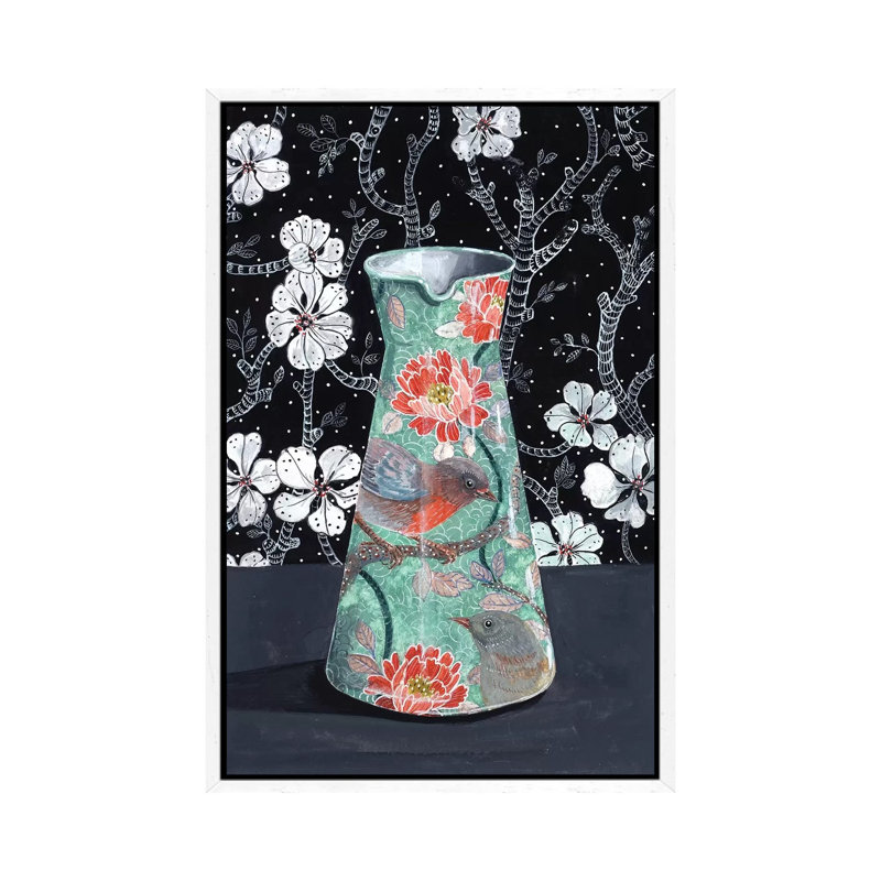 Jade Vase With Birds by Miri Eshet - Painting on Canvas, White Framed, 101.6 cm H x 66.04 cm W