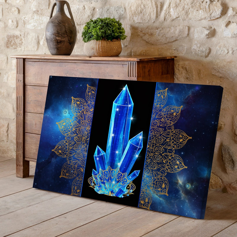 Toile, un cristal bleu saisissant se tient en évidence au centre, ses facettes d'art mural reflétant la lumière dans un étalage rayonnant encadré