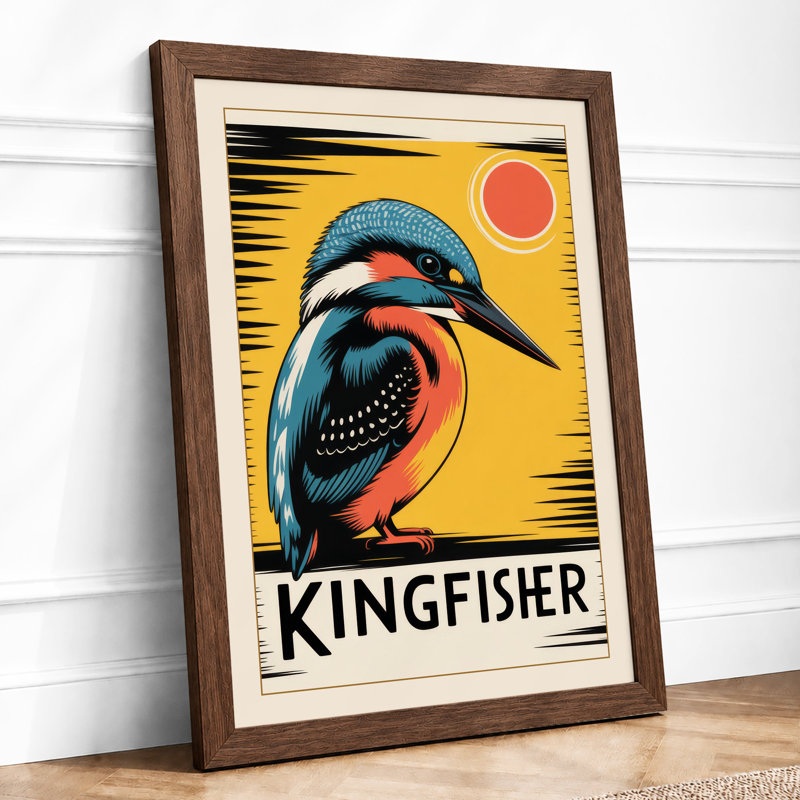 Kingfisher Sun Art Deco - Framed Print, A3 - 42.0 x 29.7 cm, Walnut