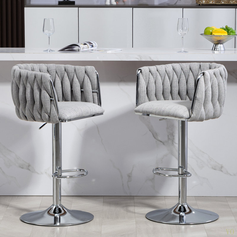 360° Fabric Cover Swivel Bar Stools Set Of 2, Adjustable Counter Height Bar Chairs With Woven Back & Footrest, Chromed  Bar Stools For Kitchen Island, Cafe, Pub
