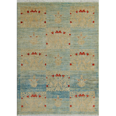 Tapis finement fait à la main Chobi Heather - bleu clair - rouille, 4 pi 0 po x 5 pi 7 po