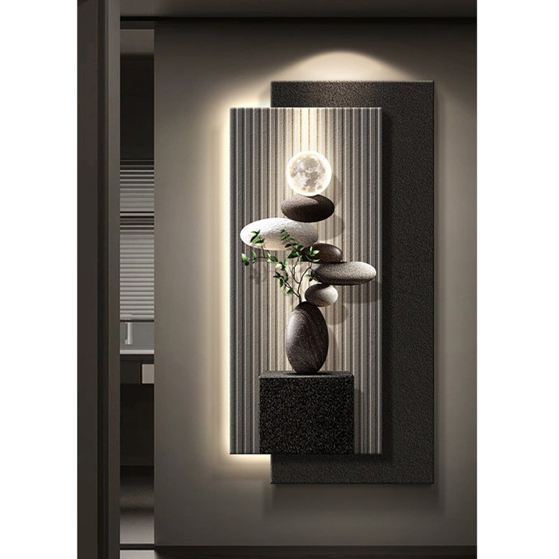 Art mural luxueux en grès de luxe avec rétroéclairage à DEL, vase en pierre et verdure, 39.37'' H X 19.69'' W X 1.97'' D