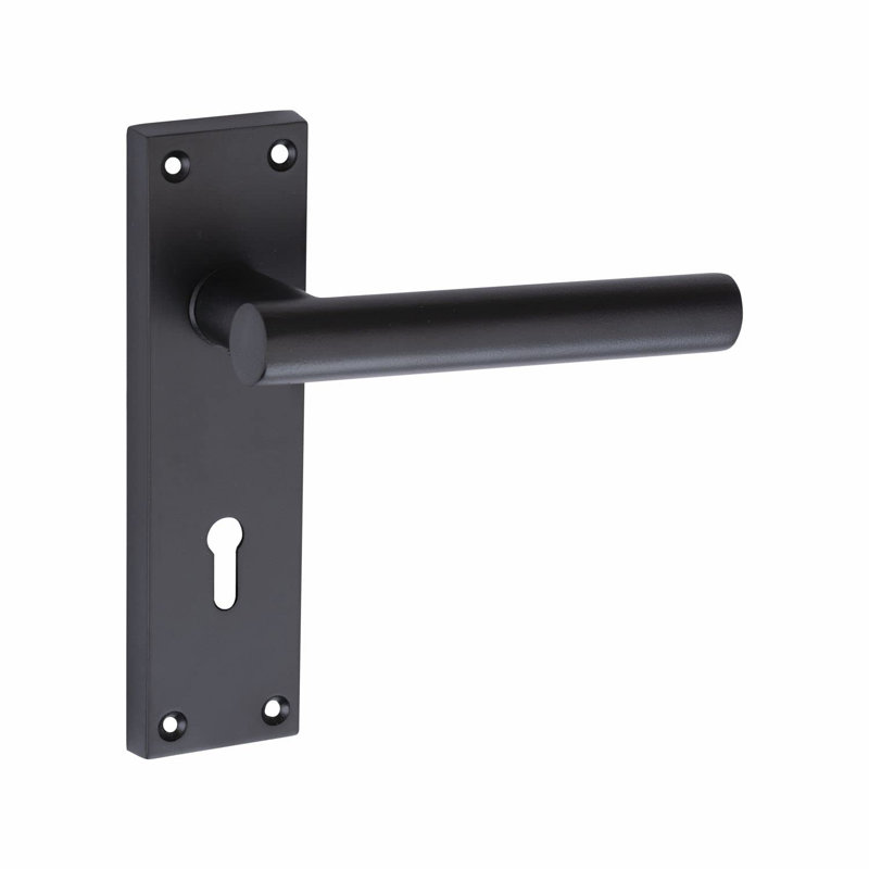  T-Bar Door Handles Set on Lever Backplate in Matt Black Finish Complete with Latch, Lock and 1 Pair of 3" Ball Bearing Hinges