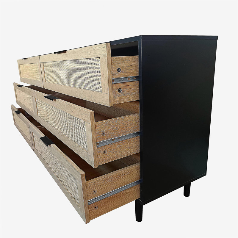 Tiroir 51,18 po à 6 tiroirs avec rangement en rotin, pour chambre à coucher, salon, noir (même SKU: W757112779)