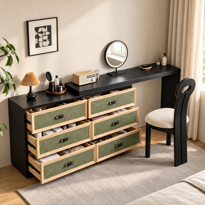 Bureau de coiffeuse à maquillage extensible et commode à 6 tiroirs, plateau de table réversible avec poignées en cuir
