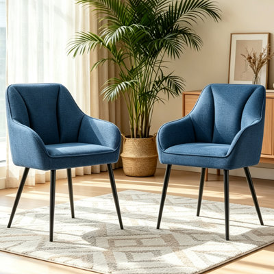 Modern Fabric Upholstered Dining Chairs with Arms, Curved Back & Black Metal Legs, Accent Arm Chairs for Dining Room Kitchen