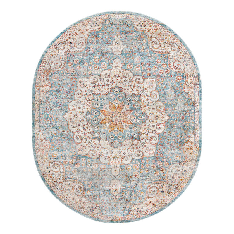 Tapis oriental bleu / rouille / ivoire Kaleigh, Ovale 4 pi x 5 pi 11 po