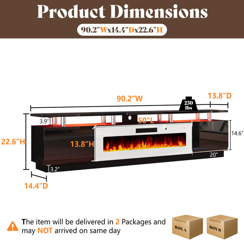 Bhhatu 2 Tier High Gloss TV Stand with Electric Fireplace Included, Black/White, 90"