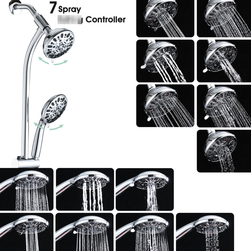 Spa à double pomme de douche - barre coulissante en acier inoxydable, 7 réglages, fixation murale, débit de 1,8 gallon par minute, système ABS 7 modes de jet, tête, raccordement 1/2 po