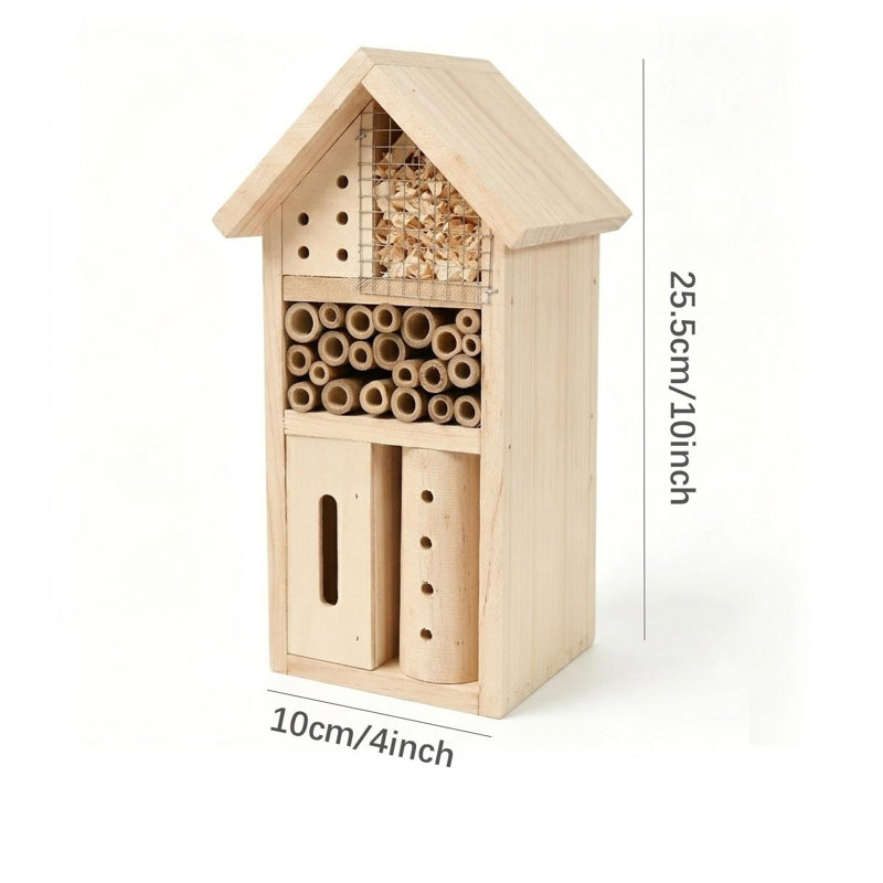 Wooden Bug Hotel Natural Insect House Multi Habitat Wildlife Shelter with Bamboo Tubes Mesh Sections Decorative Garden Feature Patio Balcony Outdoor