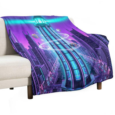 Tour futuriste avec néons et jeté flottant en flanelle de luxe, couverture douce et chaude pour le canapé-lit du salon