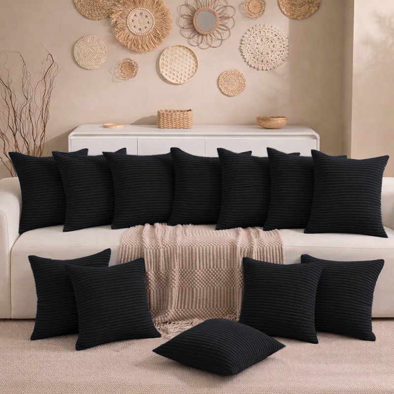 Aspire Homeware Striped Square Velvet Cushion Cover, Black, Pack of 12