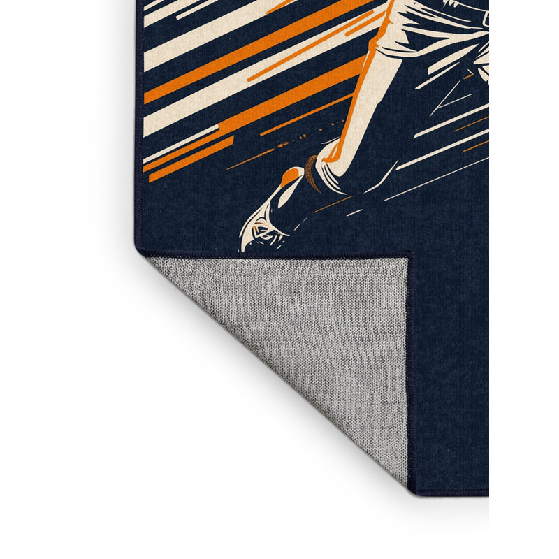 Machine Washable Hambrook Softball Pitch Modern & Contemporary Striped Rug in Gray – Navy Binding, 8x10