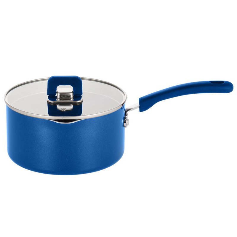 Casserole à casserole avec couvercle - Batterie de cuisine antiadhésive élégante avec bouton pliable, 3,1 pintes (gris), Bleu