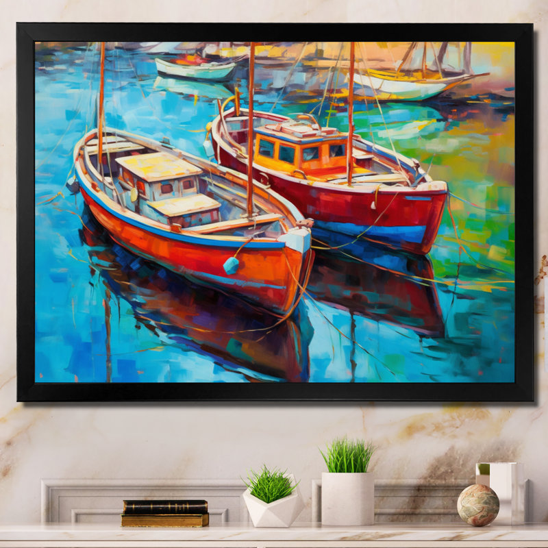Deux bateaux dans le port sur toile, H 12 po x l 20 po x P 1 po, Cadre photo noir