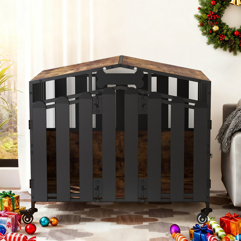 Mobilier de cage robuste pour chien, cage décorative pour chien avec fenêtre d'alimentation, porte-nom, roues à 360 °