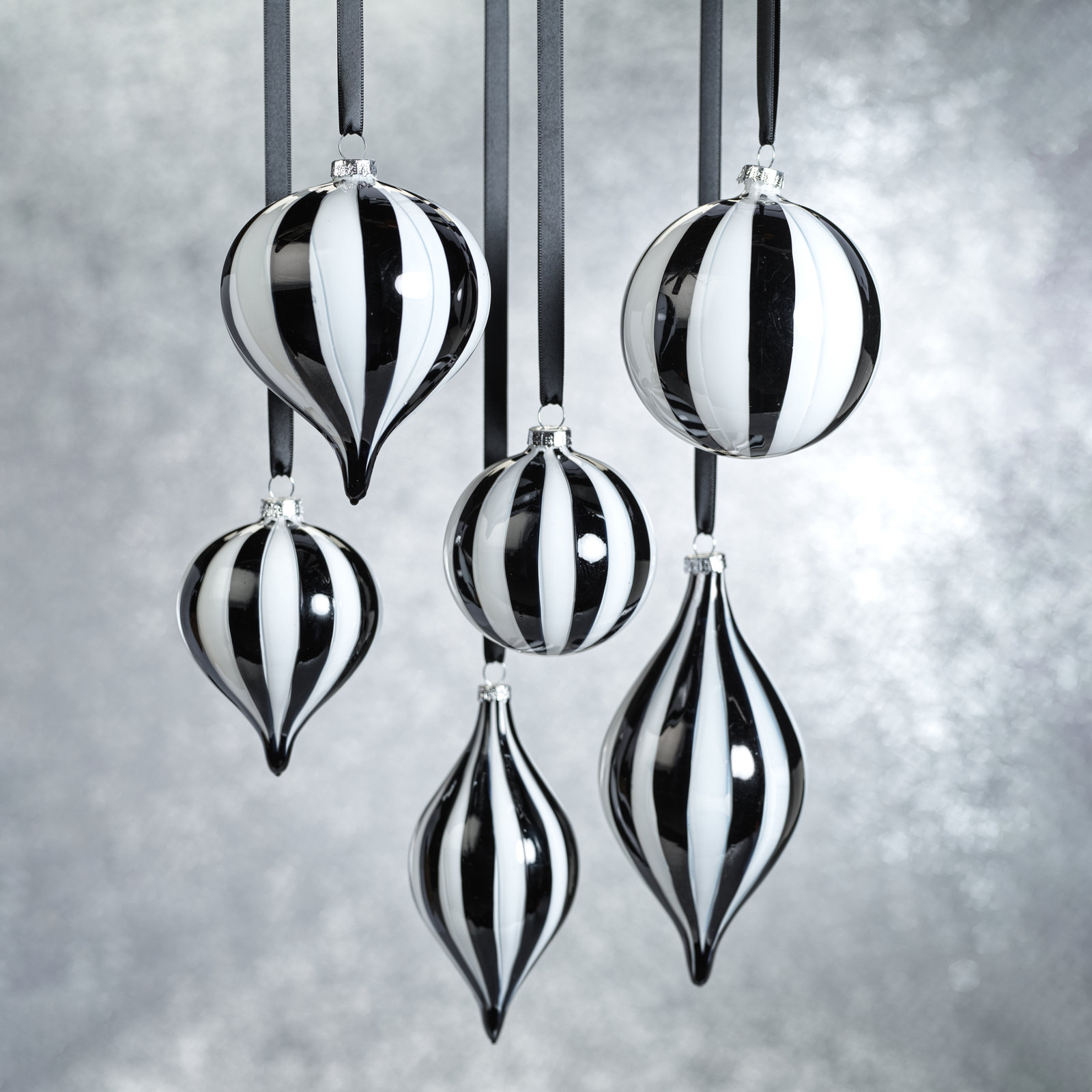 Monochrome Stripe 8-Piece Glass Ornament Set, Ball, 3.25" H x 3.25" W x 3.25" D