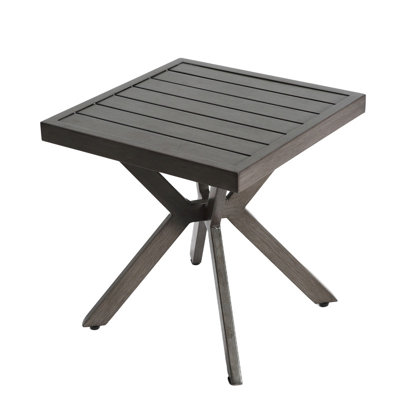 Antique Wood Grain Finished Cast Aluminum Square Slatted Top Patio Side End Table with Cross X Shaped Legs for Outdoor Garden Backyard Poolside Balcony Decorative Use