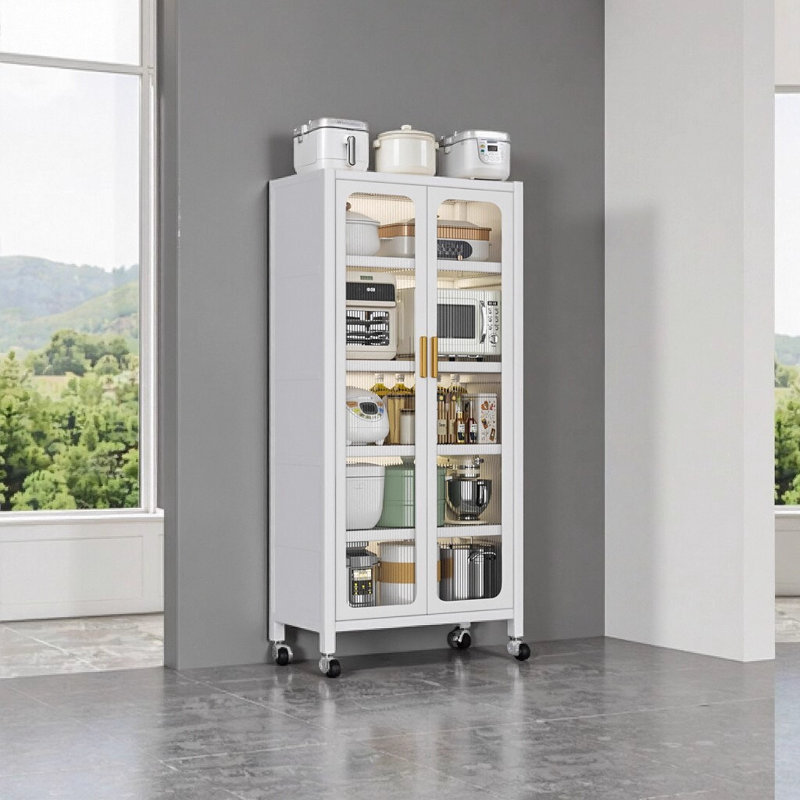 Garde-manger 65 po blanc avec portes transparentes, 6 tablettes réglables en métal et roues verrouillables, armoire de rangement multifonctionnelle pour la cuisine, le salon, la salle à manger