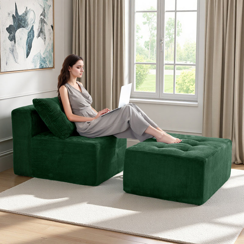 Canapé modulaire avec méridienne, Velours côtelé vert