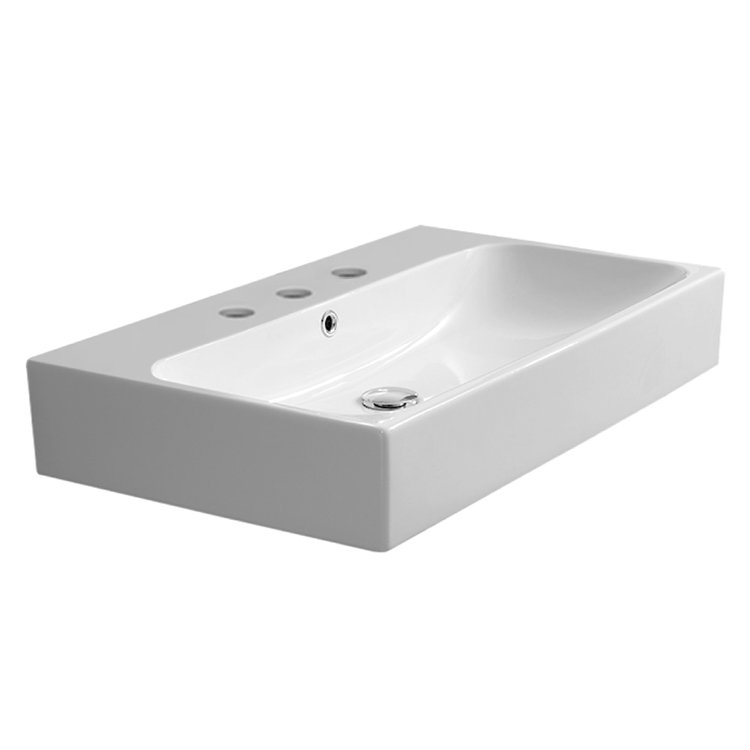 Pinto White Ceramic Rectangular Wall Mount Bathroom Sink with Overflow CeraStyle by Nameeks Faucet 