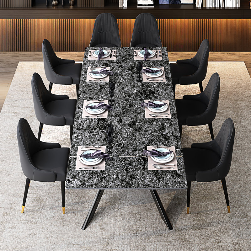 9 - Piece 110.23'' Extendable Rectangular Sintered Stone Dining Table With 8 Leather Chairs Dining Set, Black/White, Black