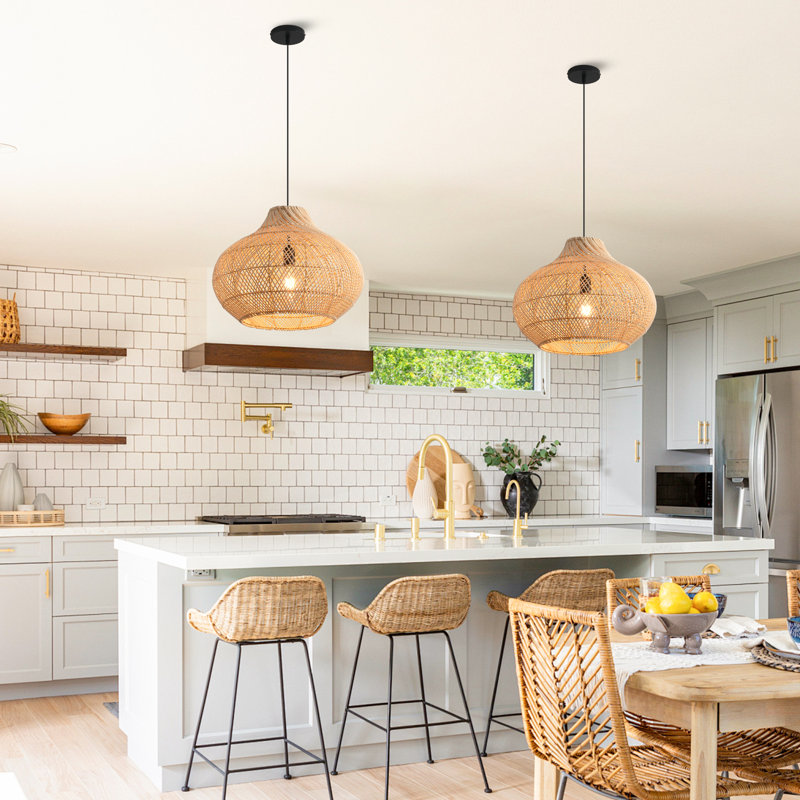 Small Rattan Pendant Light, Natural Wicker Shade, Iron Frame, Adjustable Height, E27 Socket, 35 Cm Diameter, For Kitchen Island Hallway (Bulb Not Included)