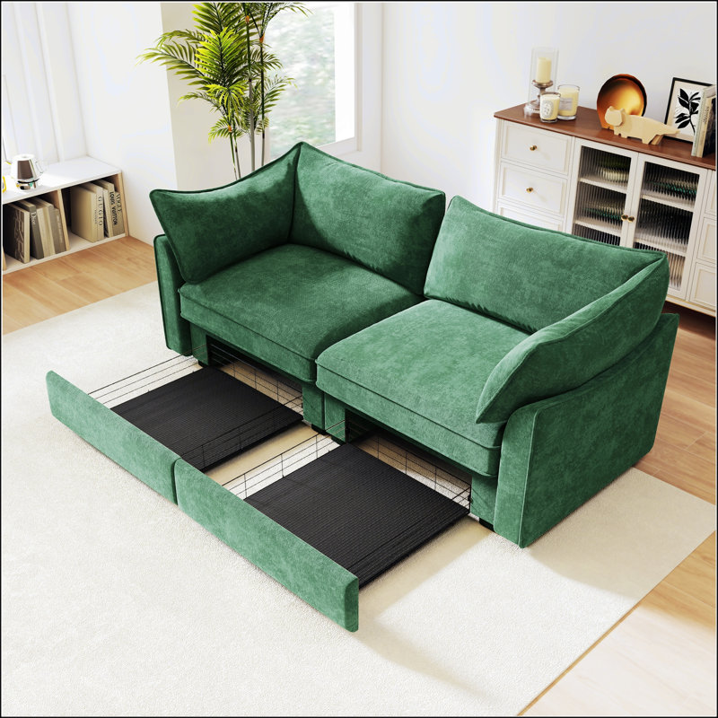 Canapé chenille 2 places avec rangement coulissant, accoudoirs en forme de croissant et conception enveloppante, Vert