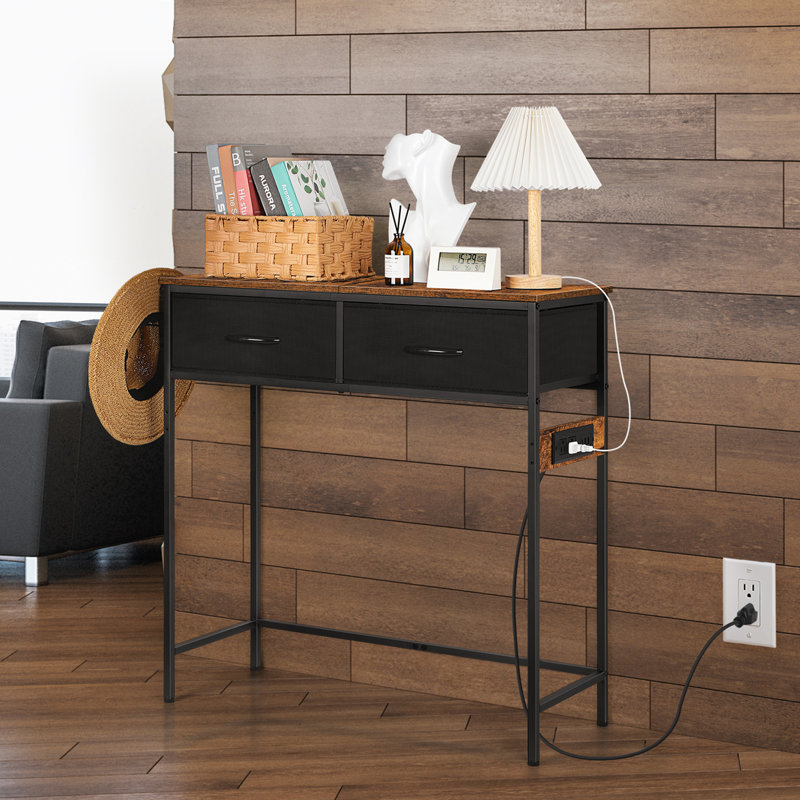 Console d'entrée avec station de charge, 2 tiroirs et crochet, tablette de canapé étroite, Brun