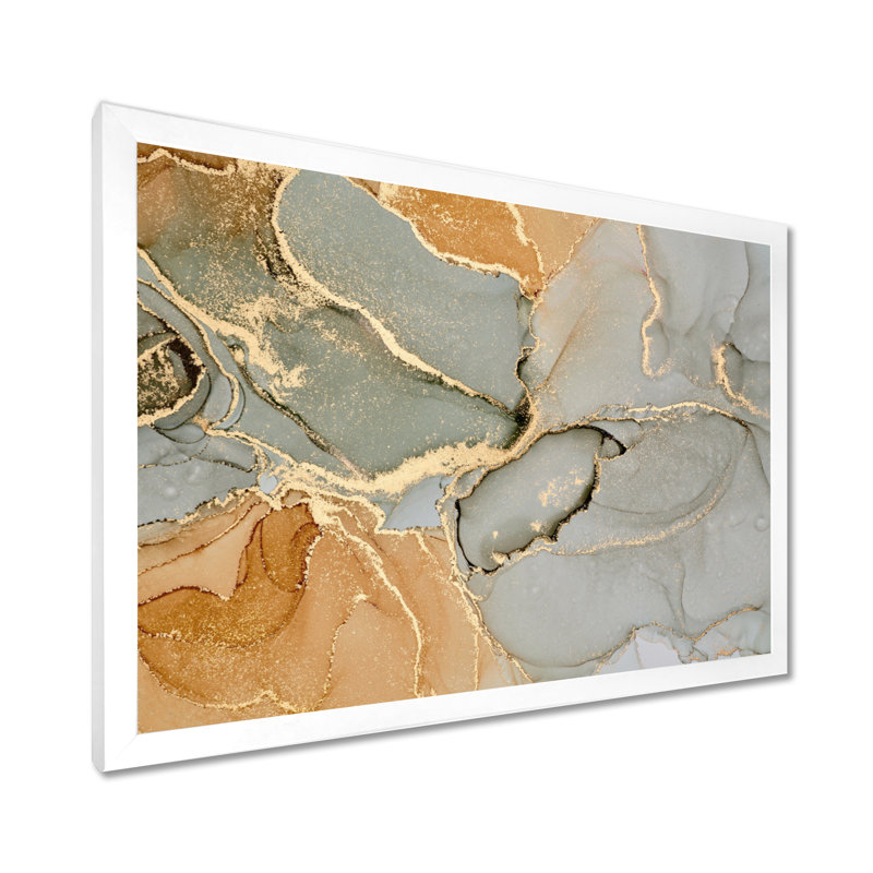 «Brown Luxury Abstract Fluid IV», peinture sur toile, Impression encadrée, H 12 po x l 20 po, Blanc