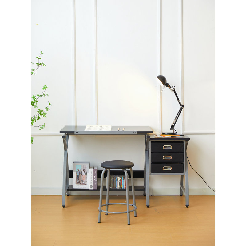 Table à dessin avec tabouret, Gris argenté