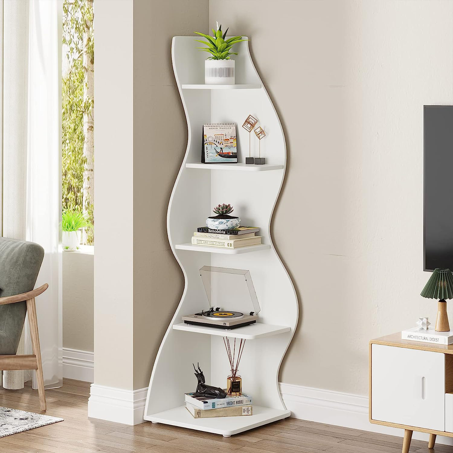 Solid wood fan-shaped corner shelf modern living room