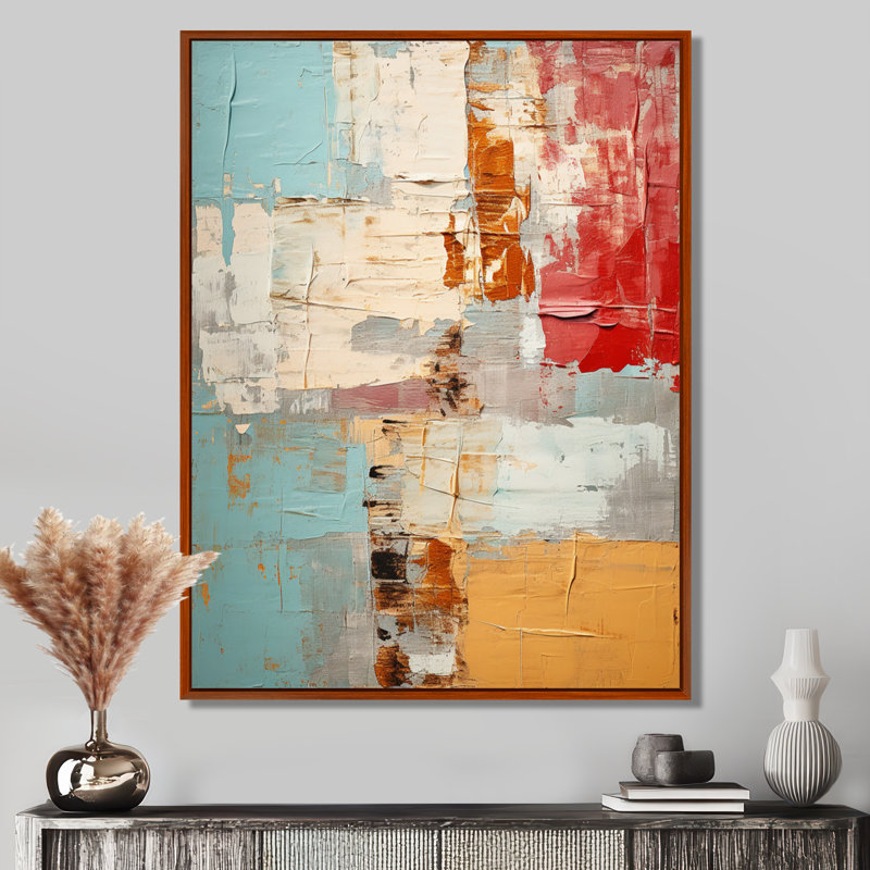 «Nostalgia In Blue Red Orange - Abstract Collages», art mural, Toile avec cadre flottant brun, H 44 po x l 34 po x P 1,5 po