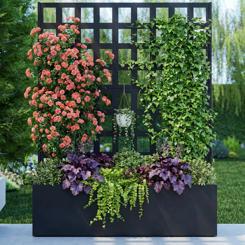Boîte à fleurs en métal avec écran d'intimité en treillis, grille
