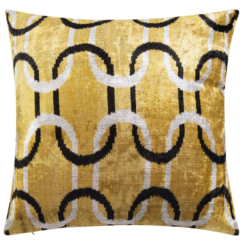Coussin décoratif en velours fait à la main - 20 po x 20 po, teint naturellement végétal, avec duvet de plumes de qualité supérieure - or, noir et blanc, maillon de chaîne, décoration luxueuse