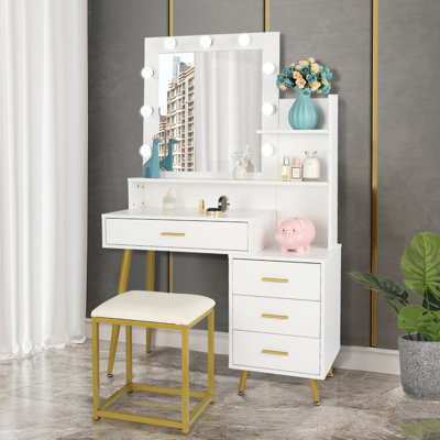Ensemble de coiffeuse blanche avec 9 ampoules DEL, tabouret rembourré, 3 tablettes de rangement et 4 tiroirs