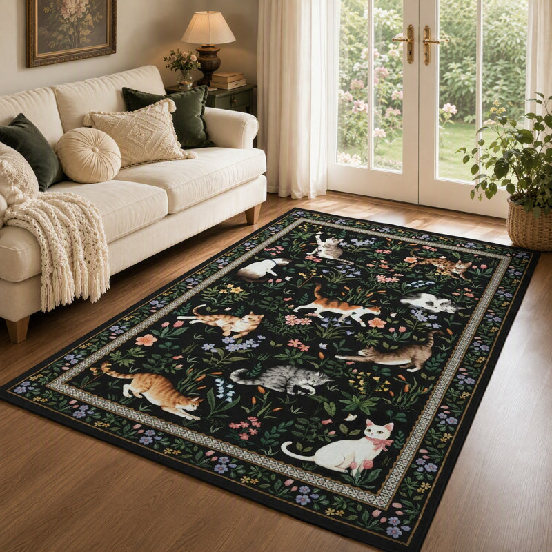 Tapis de couloir fleuri à motif de chat mignon, antidérapant, lavable, doux, à poils courts, Beige, 5' x 7'