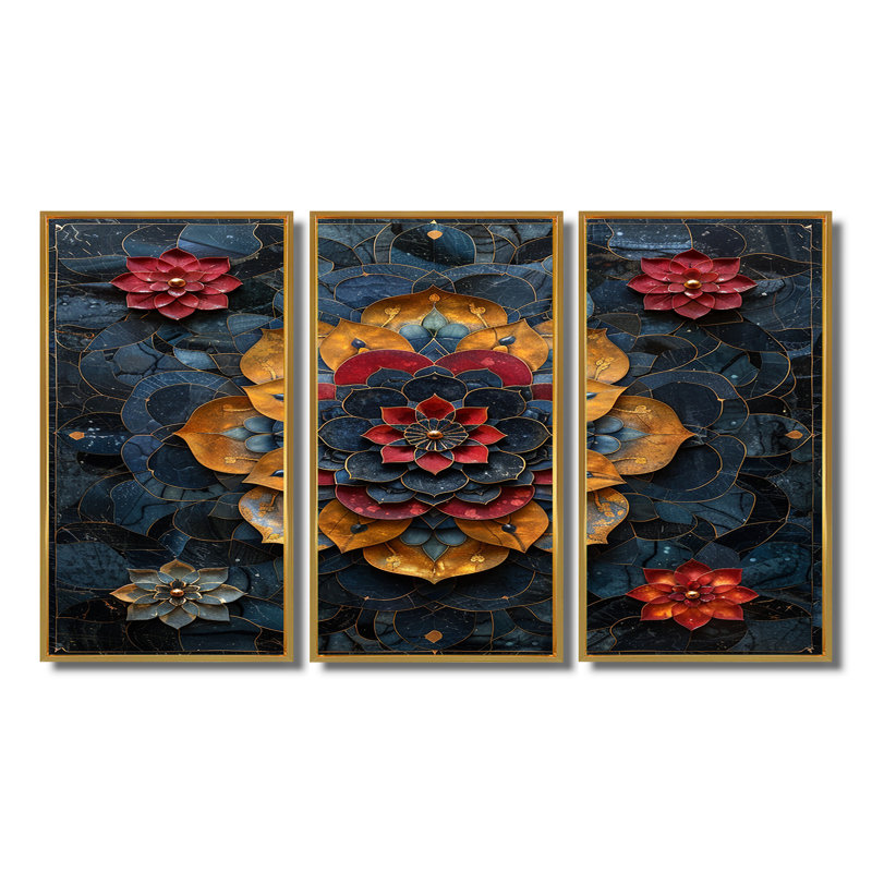 Fleur de lotus rouge, pétales dorés - ensemble d'art mural mandala boho, Cadre flottant doré, H 40 po x l 60 po x P 1 po