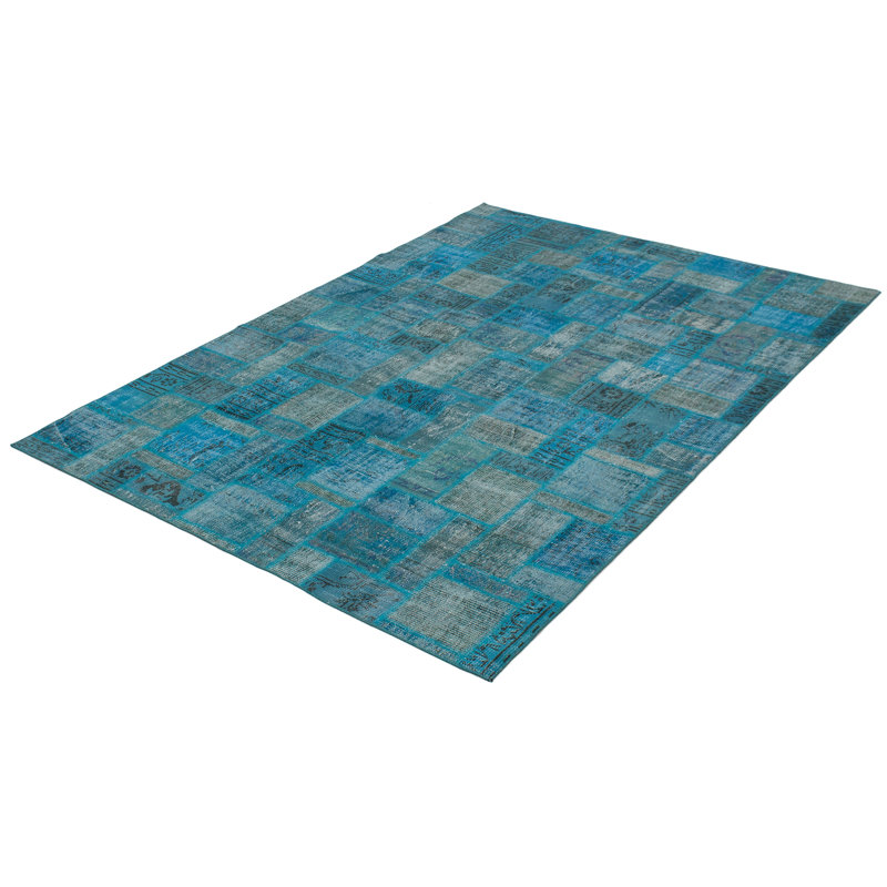 Tapis décoratif turquoise en laine de conception unique 6 pi 11 po X 9 pi 10 po noué à la main