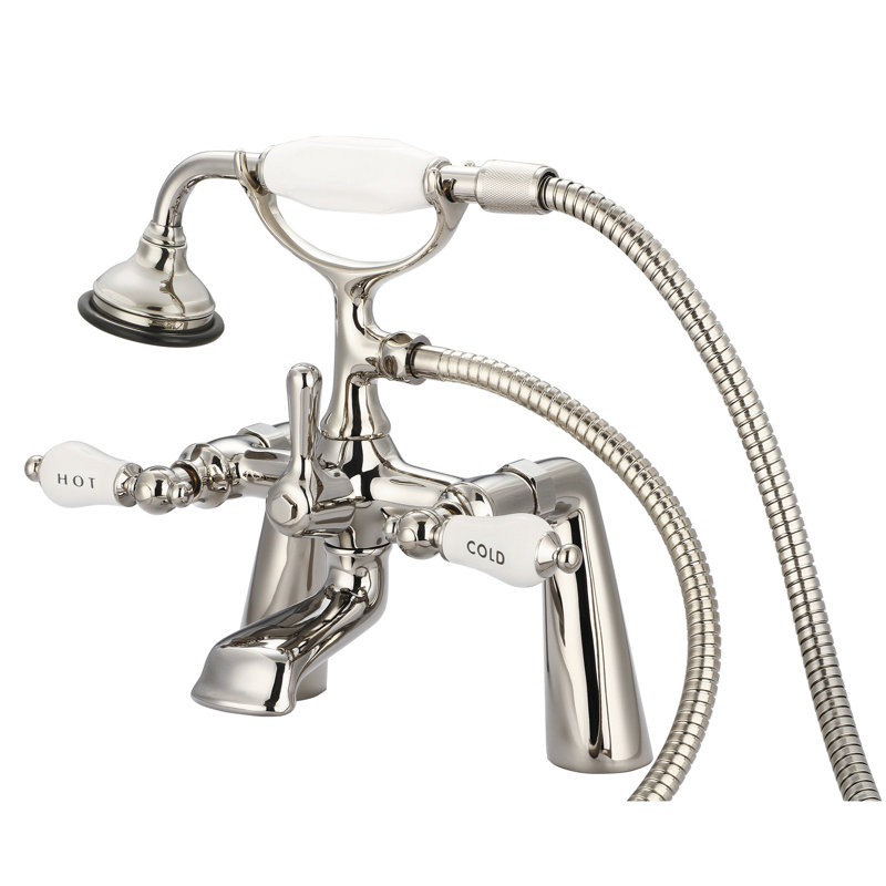 Stonington 3 Handle Deck Clawfoot Tub Faucet, Hot and Cold Labeled Porcelain Lever Handles, Polished Nickel