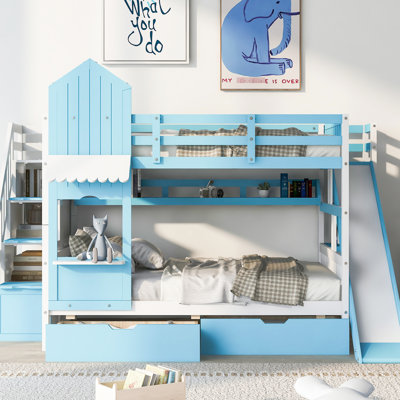 Lit superposé de style bleu avec 2 tiroirs, 3 tablettes et glissoire, fabrication de qualité, tiroirs de jeu amusants pour le coucher en bleu, pin, design unique, grande chambre à coucher