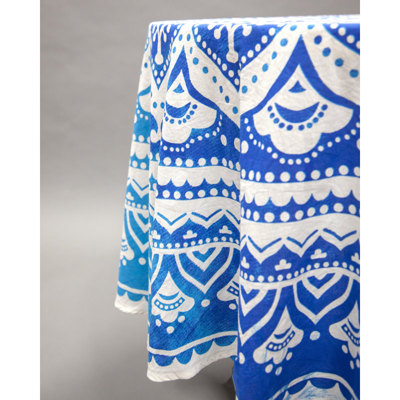 Geometric 100% Cotton Round Tablecloth, Blue/Turquoise
