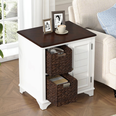 End Table, Shutter Style with Woven Baskets
