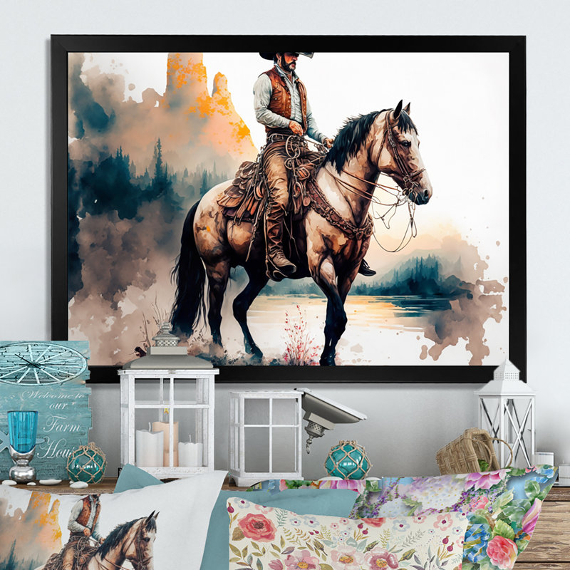 Western Cowboy Riding a Horse I - peinture sur toile, H 30 po x l 40 po x P 1,5 po, Impression noire sur toile encadrée