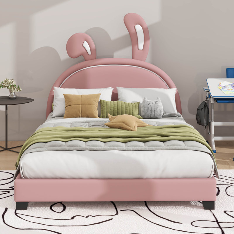 Lit plateforme rembourré en cuir orné d'une décoration de lapin, Lit double, Rose