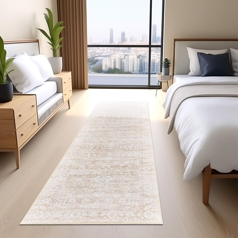 Machine Washable Medallion Floral Area Rug(Beige), Runner 2'6" x 8'