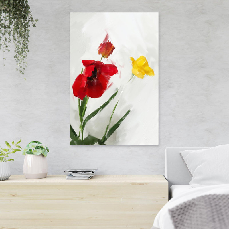 Tulipes jaunes et rouges sur fond blanc - 1 pièce, reproduction d'art graphique sur toile tendue, H 20 po x l 16 po