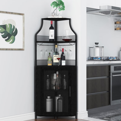 Corner Bar Cabinet with Glass Holder, Industrial Wine Cabinet with Adjustble Shelf, 5-Tiers Liquor Cabinet Bar for Home, Small Space,Black by 17 Stories