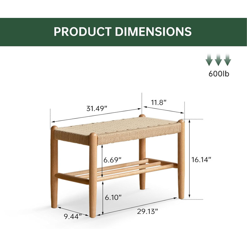 31.5"W Solid Beech Assembled  Woven Shoe Bench with Shoe Rack, 31.5"W