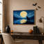 Silhouette, chat regardant la pleine lune sur un lac, art mural d'Halloween-1029086190